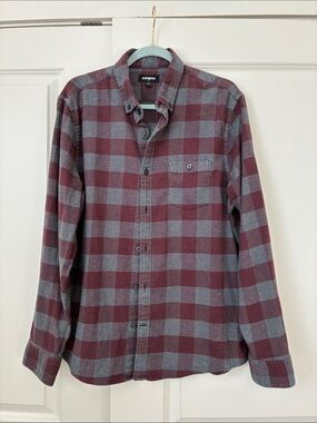 Express Men's Burgundy and Gray Plaid Button-Down Shirt